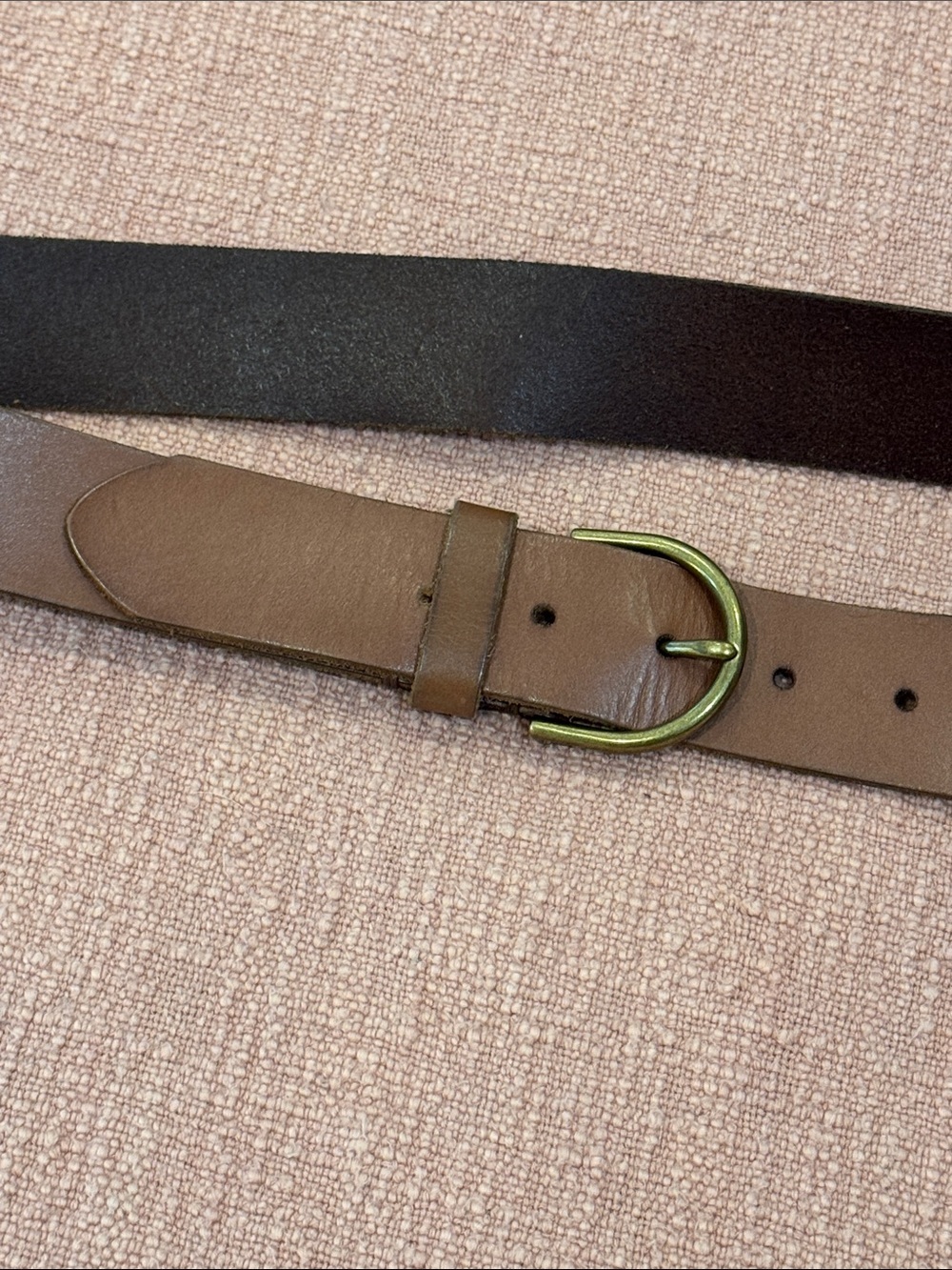 W 29 to 36’’ size medium Brown Leather Belt with Brushed Gold tone Ring Buckle